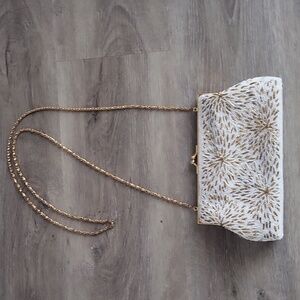 Vintage Gold & White Beaded Evening Bag | Chain Strap Clutch Purse